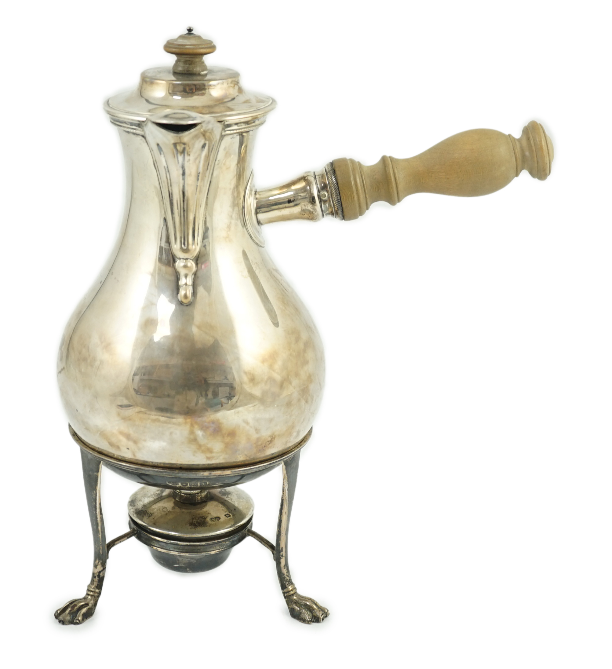 An Edwardian silver baluster chocolate pot, on stand with burner, by Goldsmiths & Silversmiths Co Ltd